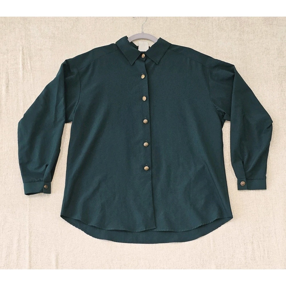 VTG Southern Lady Vivid Green Button-up w/ Ornate Gold Button Size Large